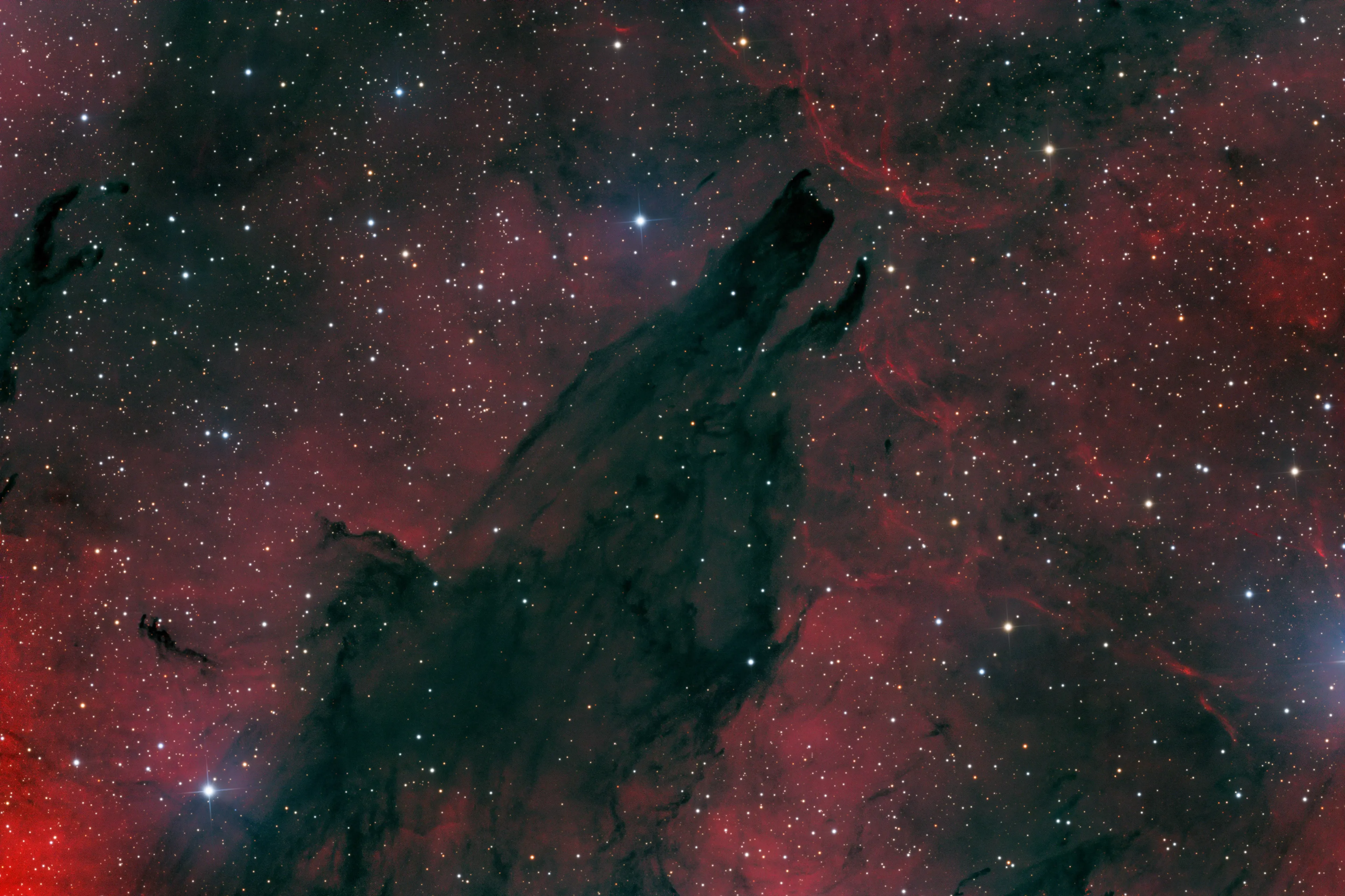 The Dark Wolf Nebula, a dark dust cloud in Scorpius silhouetted against RCW 113